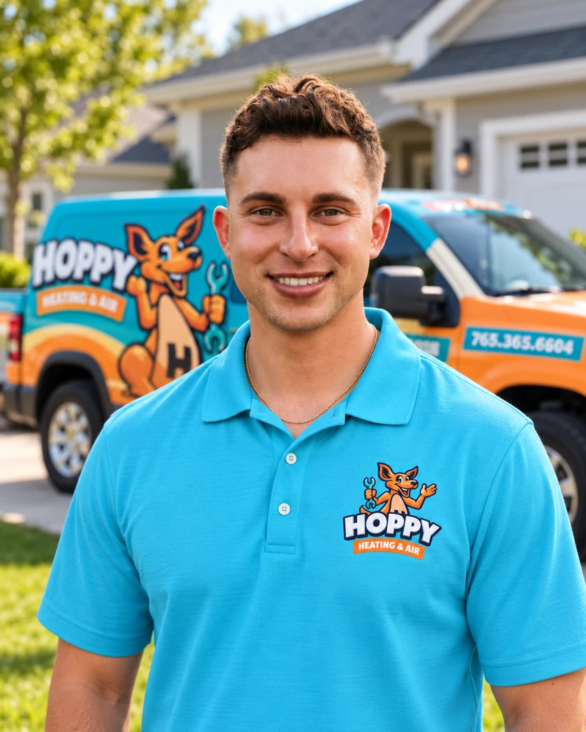 Wyatt Petty wearing a Hoppy Heating & Air polo beside a branded service van